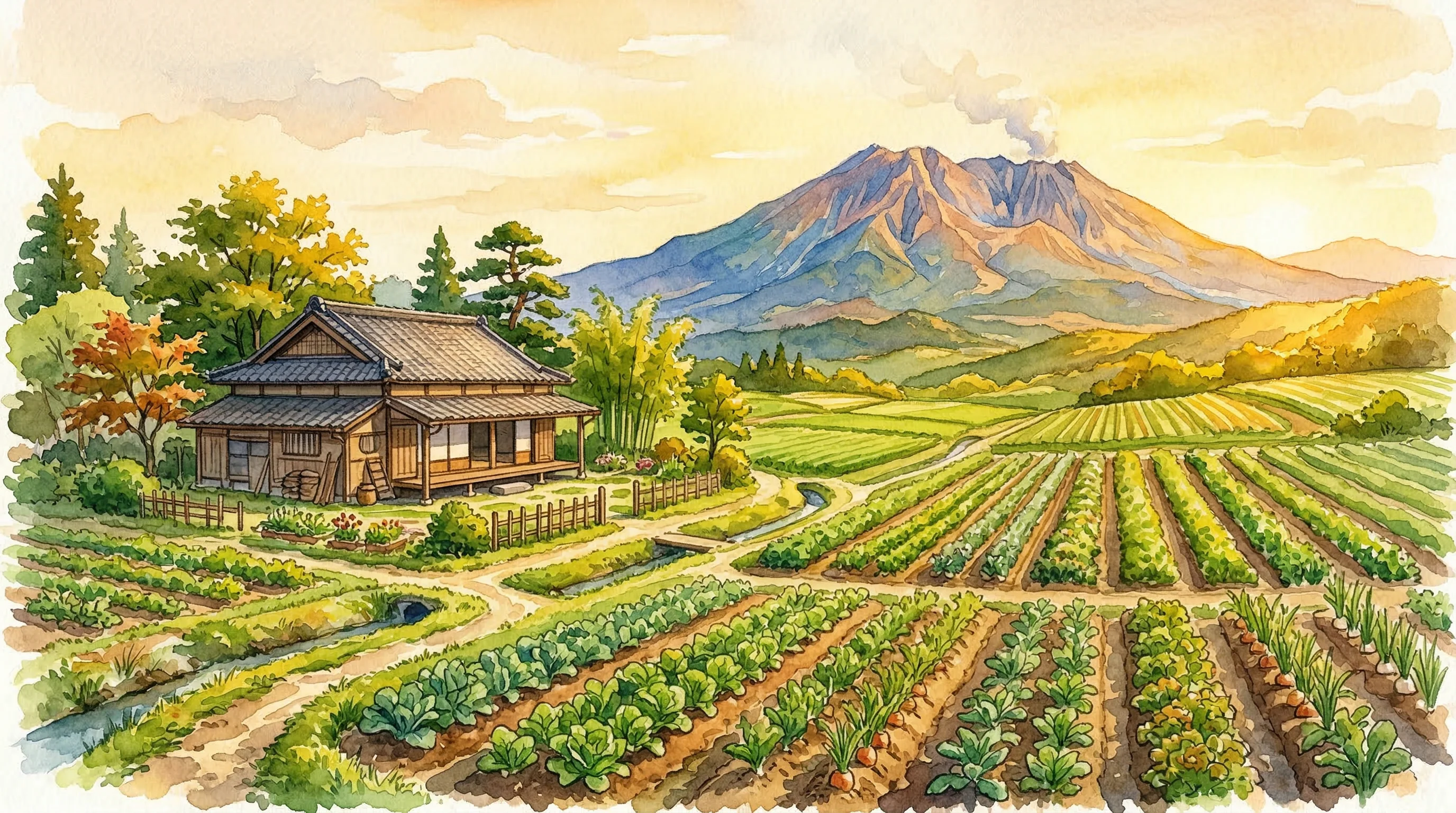Watercolor illustration of our organic farm in Kagoshima with Sakurajima volcano in the background