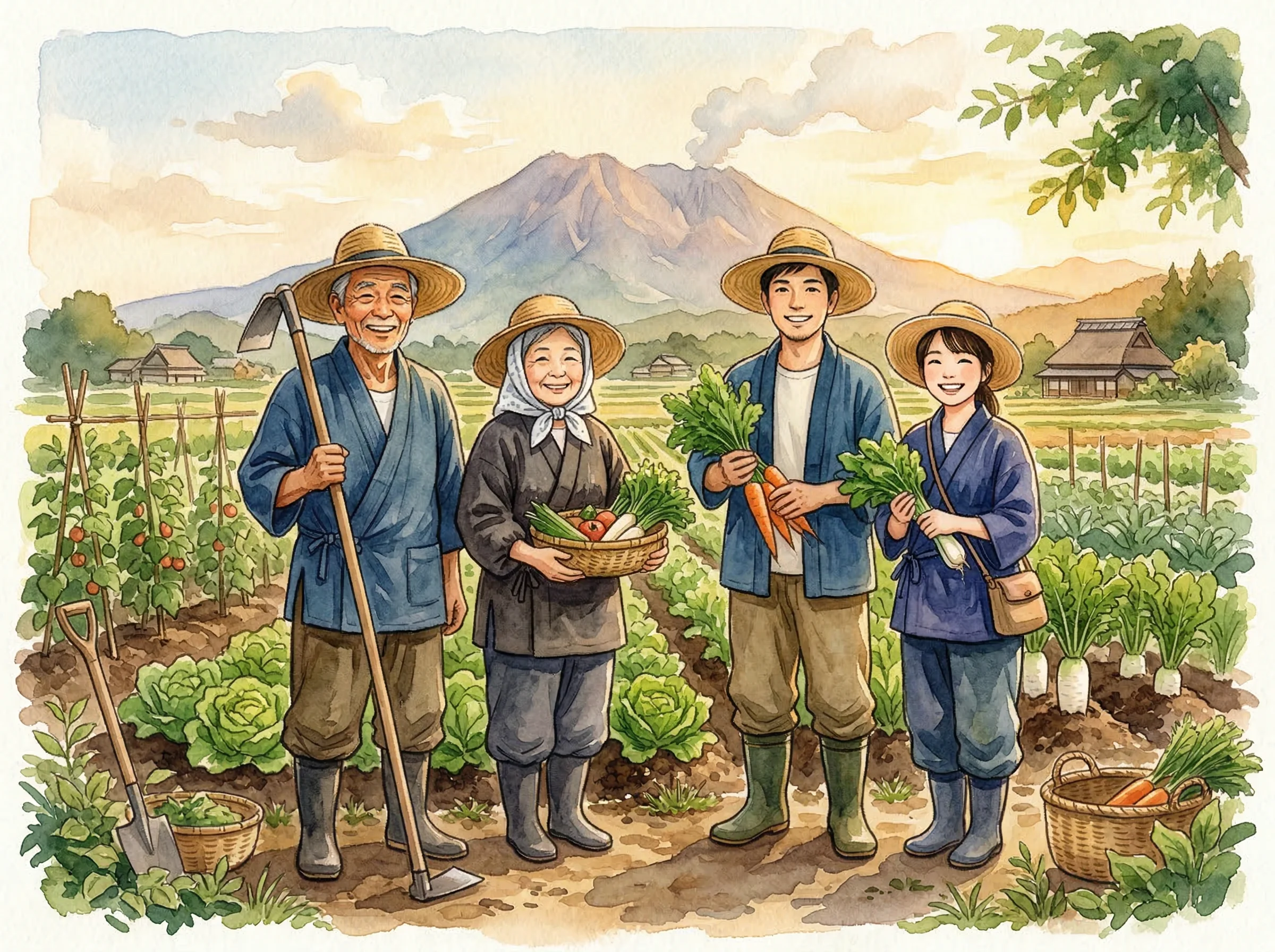 Watercolor illustration of the Tanaka farming family in their organic vegetable field with Sakurajima volcano