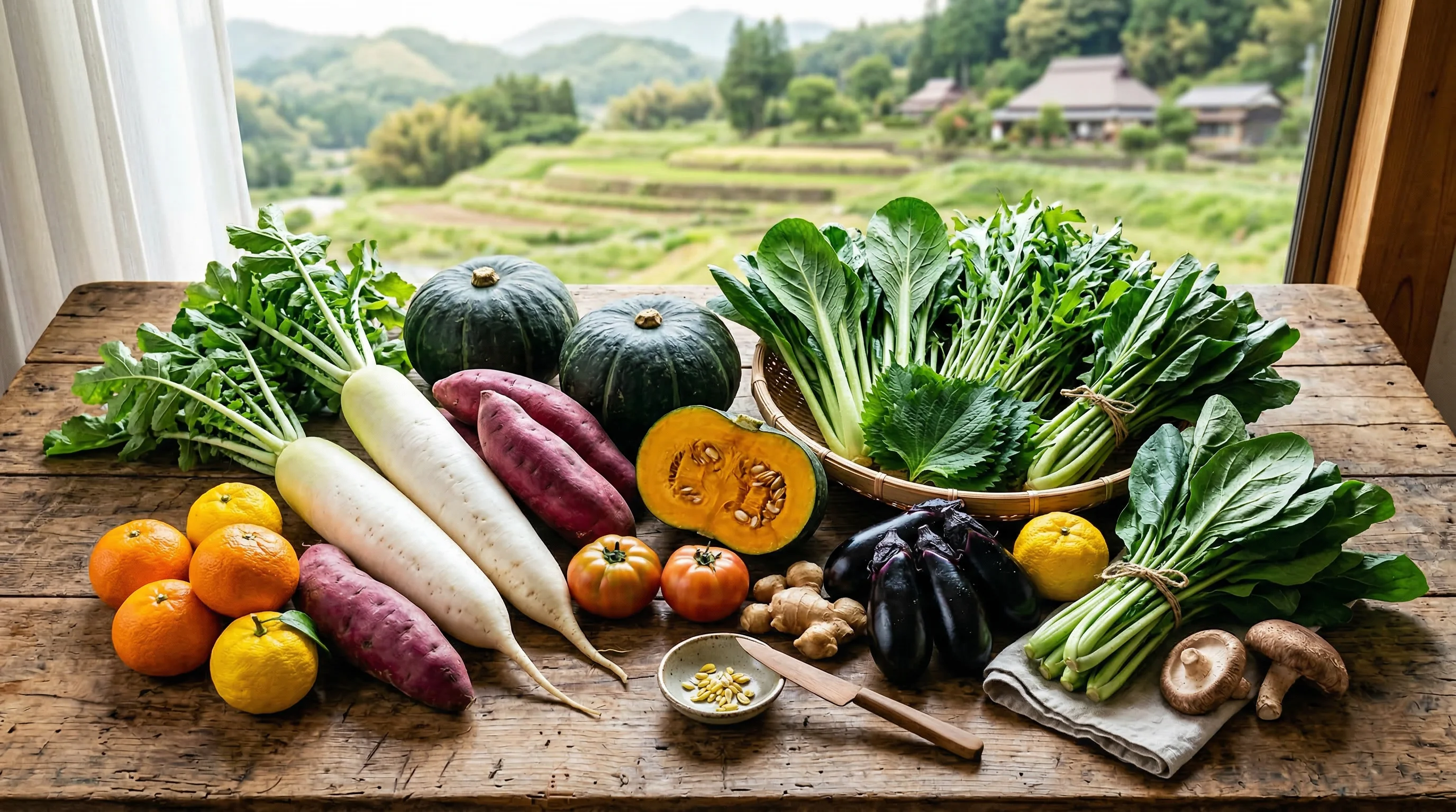 Bountiful seasonal harvest of organic Japanese vegetables on a rustic table with Kagoshima countryside in background