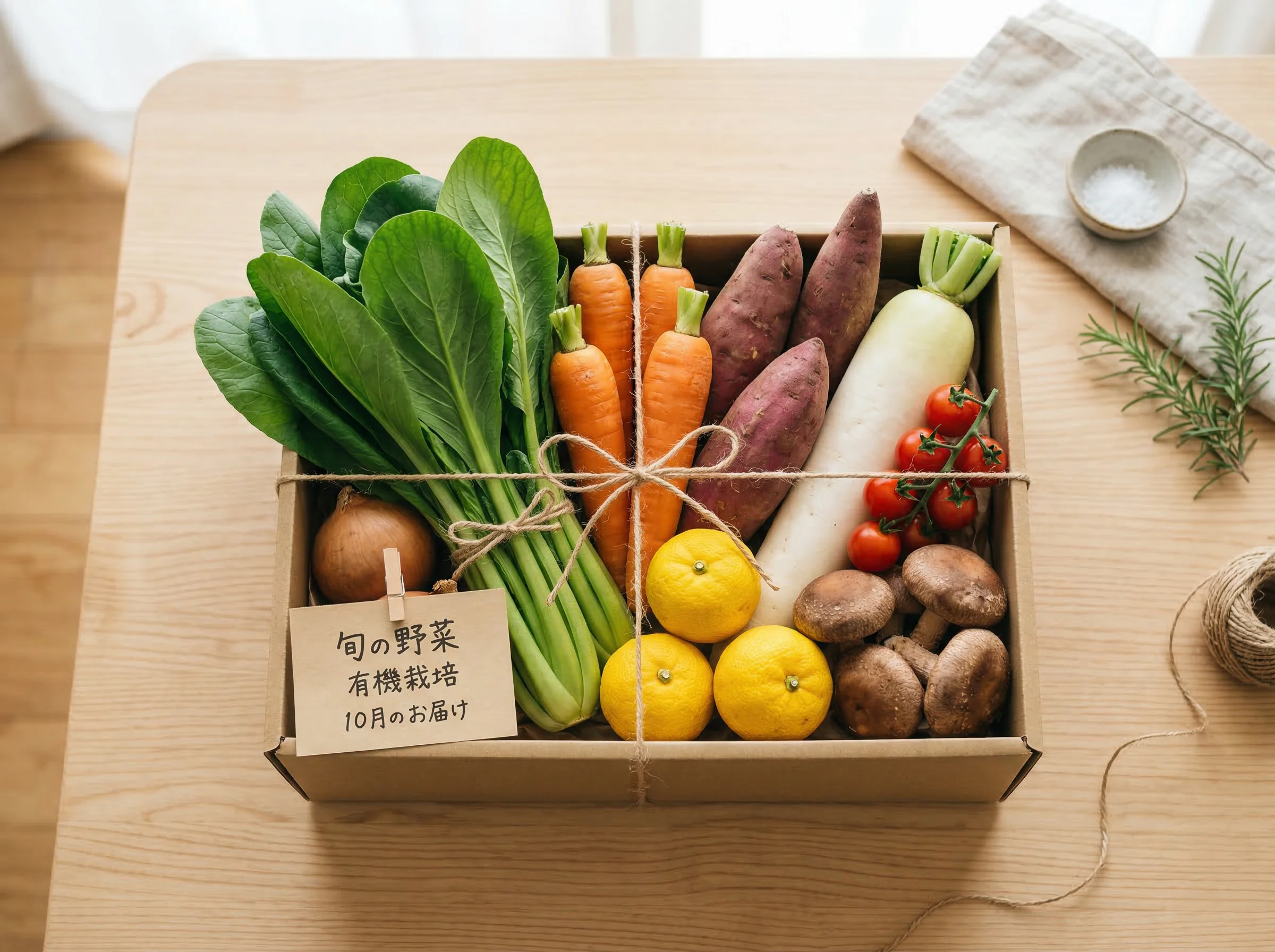 A beautifully arranged weekly subscription box of fresh organic produce